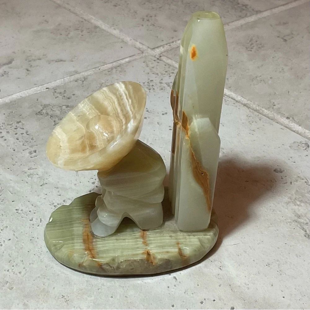 Vintage Mexican carved onyx sombrero man siesta and cactus statue.